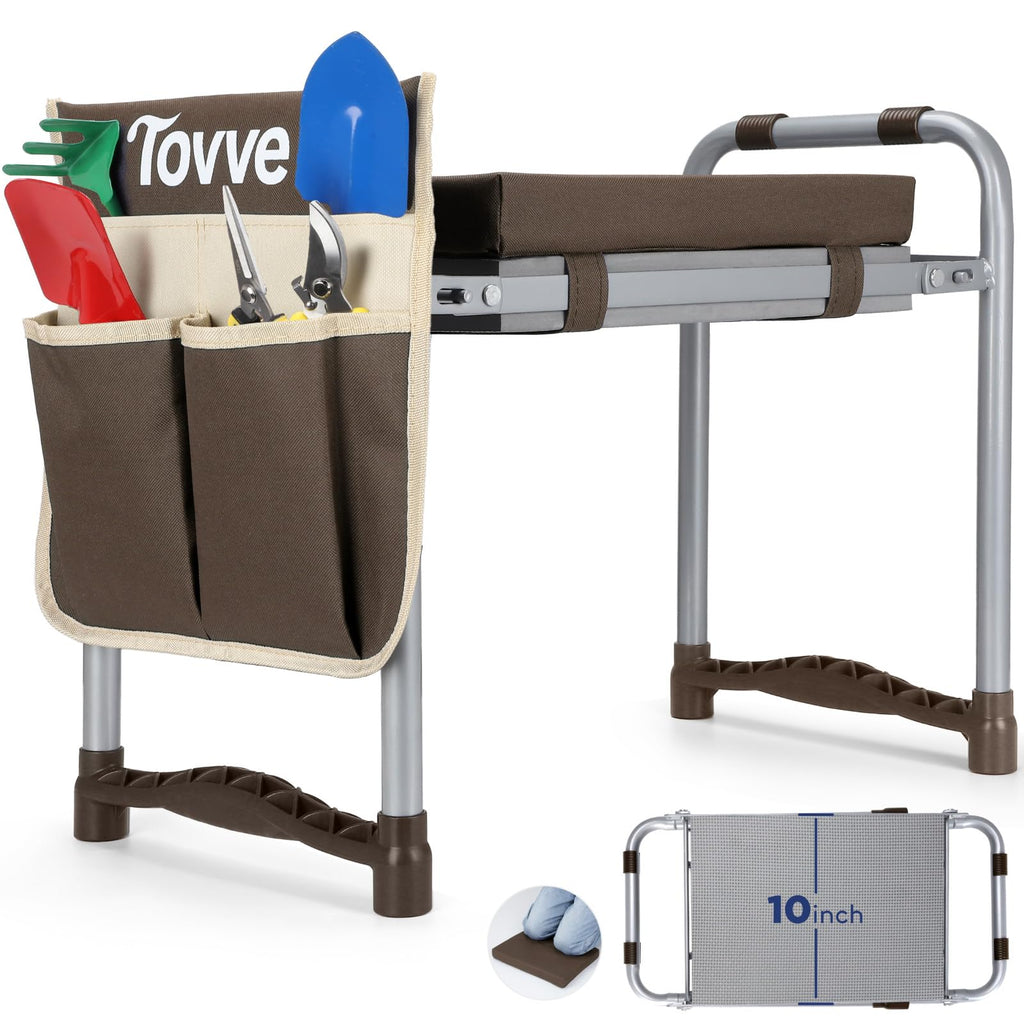 Tovve Foldable Garden Kneeler and Seat, Heavy Duty Garden Stool with 10" Wide Detachable Kneeling Pad, Portable Garden Bench Chair with Large Garden Tool Bag, Gardening Gifts for Women, Seniors, Mom