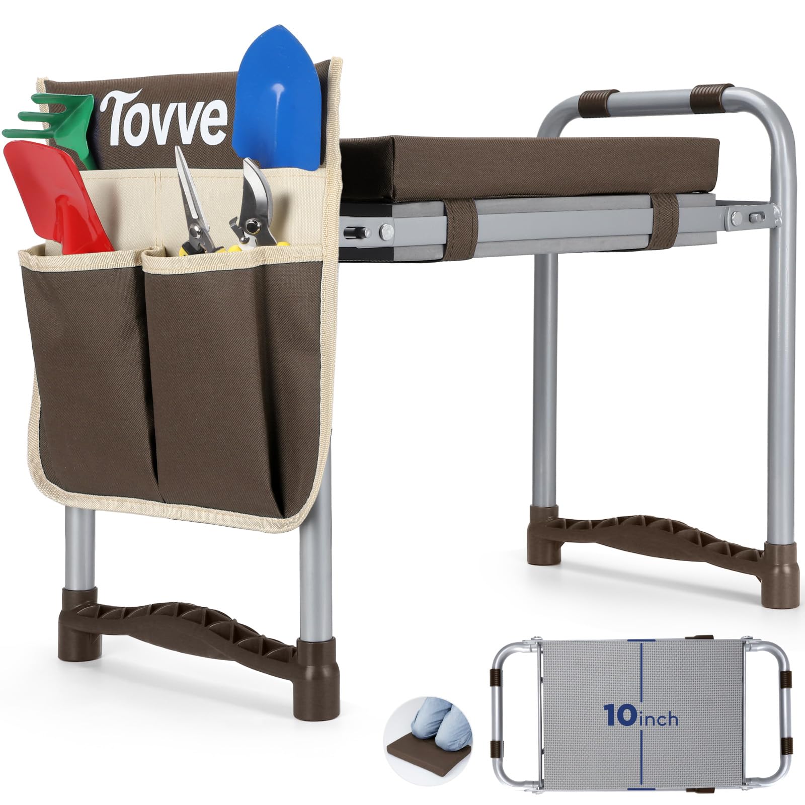 Tovve Foldable Garden Kneeler and Seat, Heavy Duty Garden Stool with 10" Wide Detachable Kneeling Pad, Portable Garden Bench Chair with Large Garden Tool Bag, Gardening Gifts for Women, Seniors, Mom