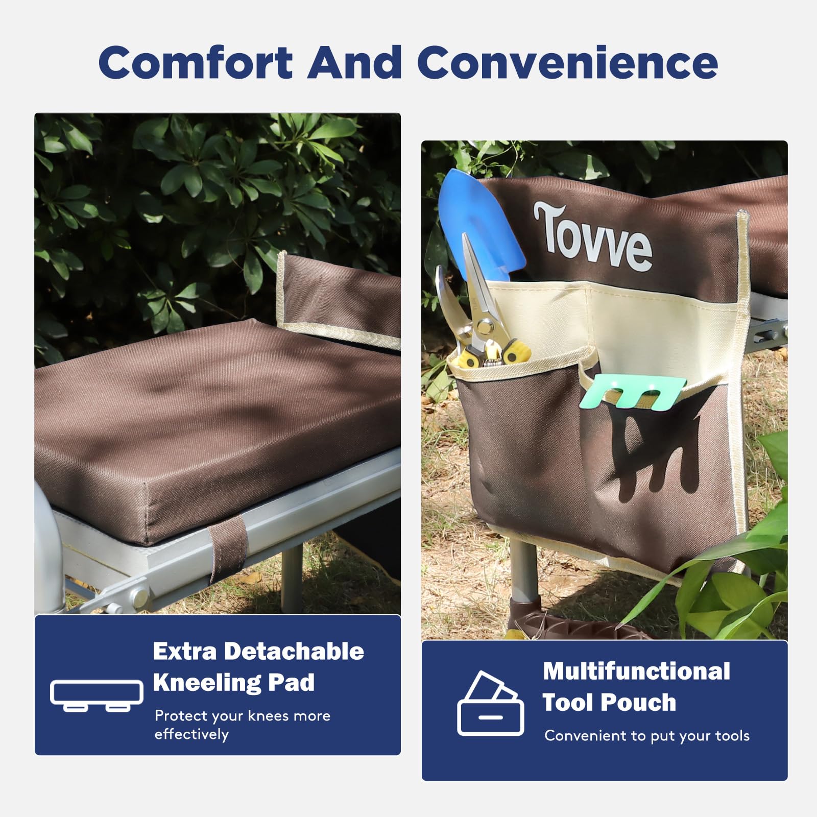 Tovve Foldable Garden Kneeler and Seat, Heavy Duty Garden Stool with 10" Wide Detachable Kneeling Pad, Portable Garden Bench Chair with Large Garden Tool Bag, Gardening Gifts for Women, Seniors, Mom