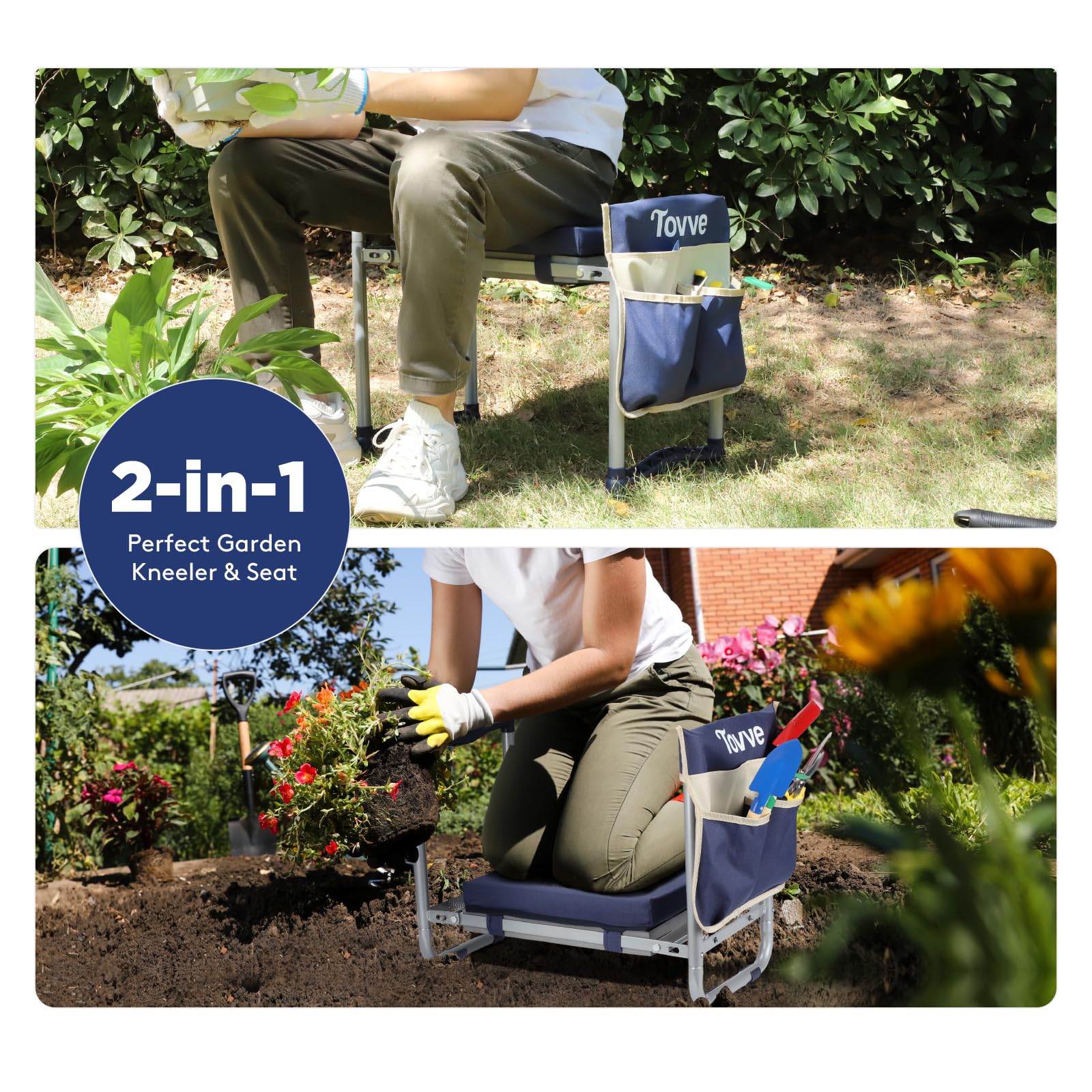 Tovve Foldable Garden Kneeler and Seat, Heavy Duty Garden Stool with 10" Wide Detachable Kneeling Pad, Portable Garden Bench Chair with Large Garden Tool Bag, Gardening Gifts for Women, Seniors, Mom