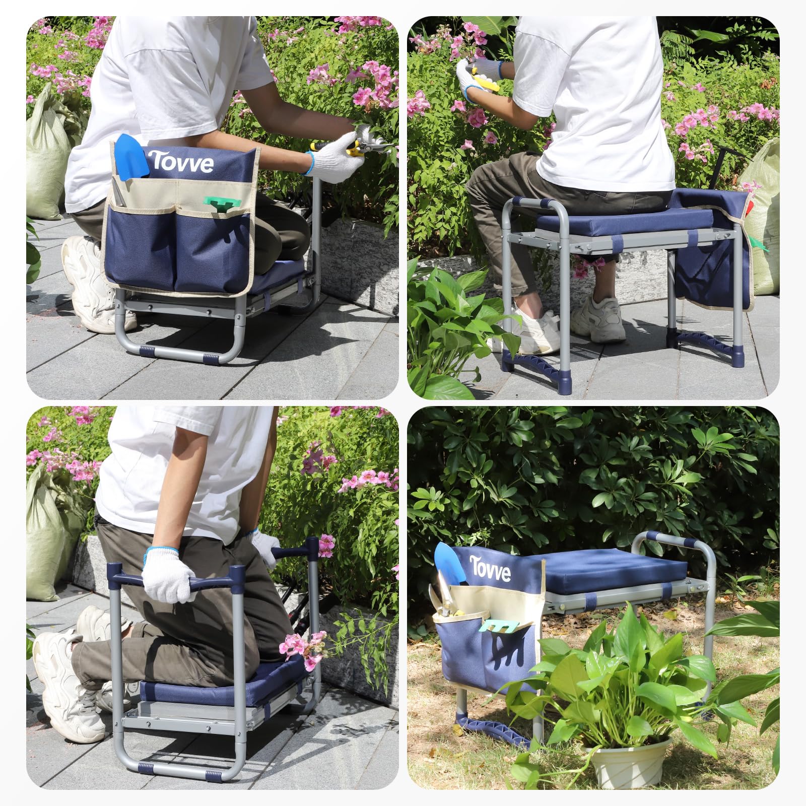 Tovve Foldable Garden Kneeler and Seat, Heavy Duty Garden Stool with 10" Wide Detachable Kneeling Pad, Portable Garden Bench Chair with Large Garden Tool Bag, Gardening Gifts for Women, Seniors, Mom