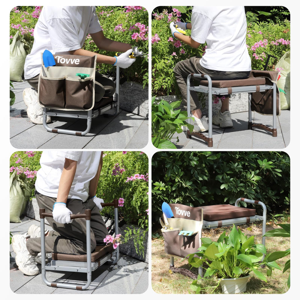 Tovve Foldable Garden Kneeler and Seat, Heavy Duty Garden Stool with 10" Wide Detachable Kneeling Pad, Portable Garden Bench Chair with Large Garden Tool Bag, Gardening Gifts for Women, Seniors, Mom