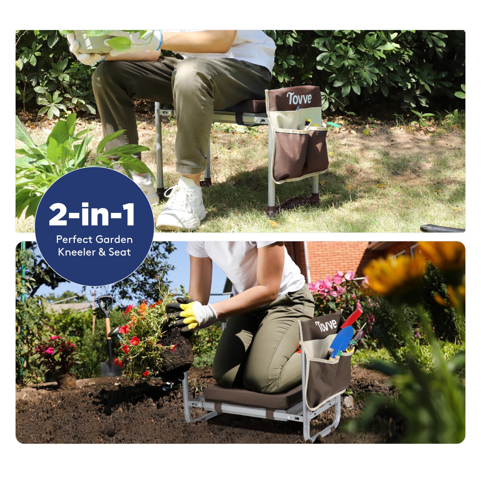 Tovve Foldable Garden Kneeler and Seat, Heavy Duty Garden Stool with 10" Wide Detachable Kneeling Pad, Portable Garden Bench Chair with Large Garden Tool Bag, Gardening Gifts for Women, Seniors, Mom